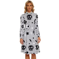 Skull-pattern- Long Sleeve Shirt Collar A-line Dress by Ket1n9