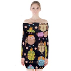 Cute Owls Pattern Long Sleeve Off Shoulder Dress by Ket1n9