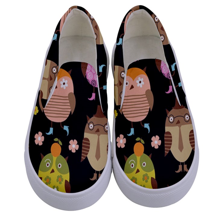 Cute Owls Pattern Kids  Canvas Slip Ons