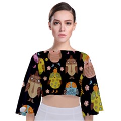 Cute Owls Pattern Tie Back Butterfly Sleeve Chiffon Top by Ket1n9