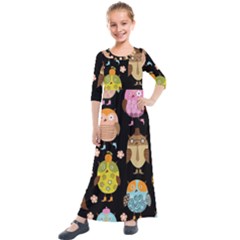 Cute Owls Pattern Kids  Quarter Sleeve Maxi Dress by Ket1n9