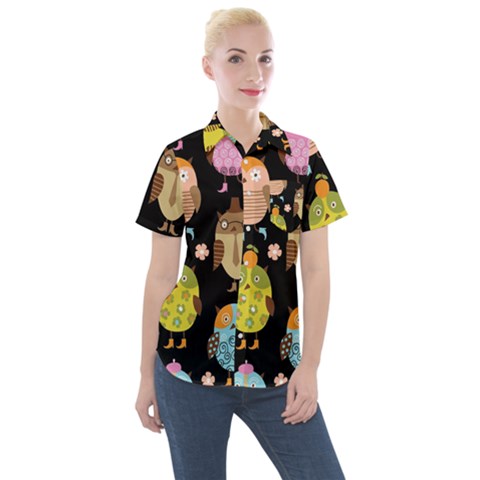 Cute Owls Pattern Women s Short Sleeve Pocket Shirt by Ket1n9