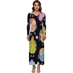 Cute Owls Pattern Long Sleeve Longline Maxi Dress by Ket1n9