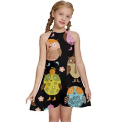 Cute Owls Pattern Kids  Halter Collar Waist Tie Chiffon Dress by Ket1n9