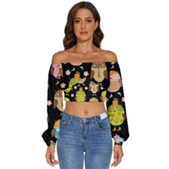 Cute Owls Pattern Long Sleeve Crinkled Weave Crop Top by Ket1n9