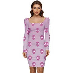 Alien Pattern Pink Women Long Sleeve Ruched Stretch Jersey Dress by Ket1n9