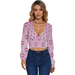 Alien Pattern Pink Long Sleeve Deep-v Velour Top by Ket1n9