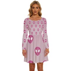 Alien Pattern Pink Long Sleeve Wide Neck Velvet Dress by Ket1n9