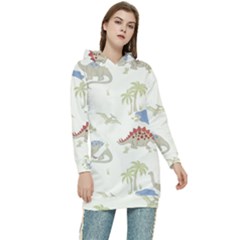 Dinosaur Art Pattern Women s Long Oversized Pullover Hoodie by Ket1n9