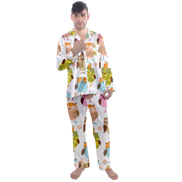 Cute Owls Pattern Men s Long Sleeve Satin Pajamas Set