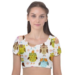 Cute Owls Pattern Velvet Short Sleeve Crop Top  by Ket1n9