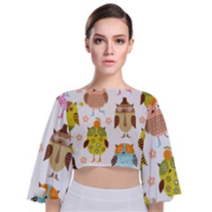 Cute Owls Pattern Tie Back Butterfly Sleeve Chiffon Top by Ket1n9