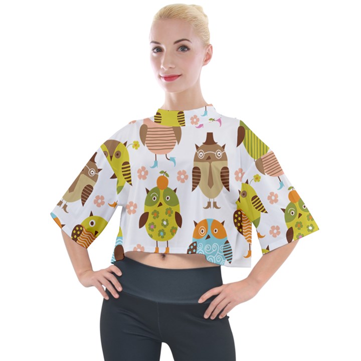 Cute Owls Pattern Mock Neck T-Shirt