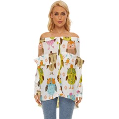 Cute Owls Pattern Off Shoulder Chiffon Pocket Shirt by Ket1n9