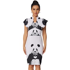 Panda Love Heart Vintage Frill Sleeve V-neck Bodycon Dress by Ket1n9