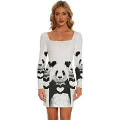 Panda Love Heart Long Sleeve Square Neck Bodycon Velvet Dress by Ket1n9