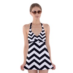 Black And White Chevron Halter Dress Swimsuit  by Ket1n9