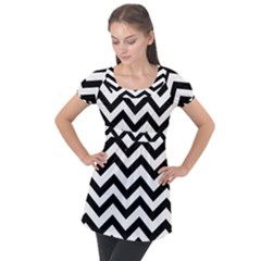 Black And White Chevron Puff Sleeve Tunic Top by Ket1n9