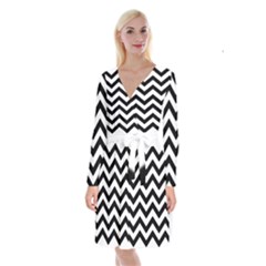 Black And White Chevron Long Sleeve Velvet Front Wrap Dress by Ket1n9