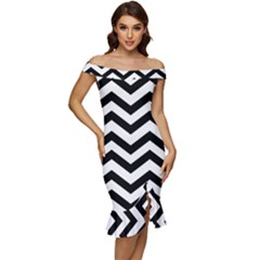 Black And White Chevron Off Shoulder Ruffle Split Hem Bodycon Dress by Ket1n9