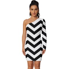 Black And White Chevron Long Sleeve One Shoulder Mini Dress by Ket1n9