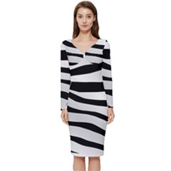 White Tiger Skin Long Sleeve V-neck Bodycon Dress  by Ket1n9