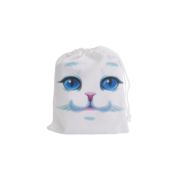 Cute White Cat Blue Eyes Face Drawstring Pouch (Small)