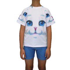 Cute White Cat Blue Eyes Face Kids  Short Sleeve Swimwear by Ket1n9