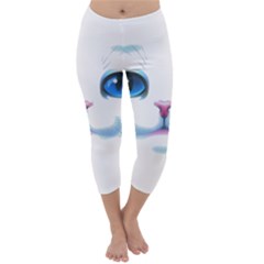 Cute White Cat Blue Eyes Face Capri Winter Leggings  by Ket1n9