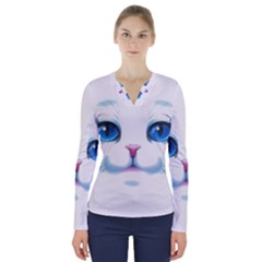 Cute White Cat Blue Eyes Face V-neck Long Sleeve Top by Ket1n9