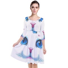 Cute White Cat Blue Eyes Face Quarter Sleeve Waist Band Dress by Ket1n9