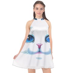 Cute White Cat Blue Eyes Face Halter Neckline Chiffon Dress  by Ket1n9