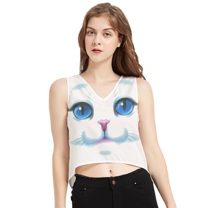 Cute White Cat Blue Eyes Face V-Neck Cropped Tank Top