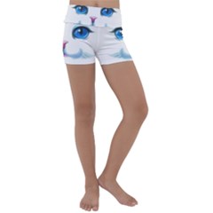 Cute White Cat Blue Eyes Face Kids  Lightweight Velour Yoga Shorts by Ket1n9