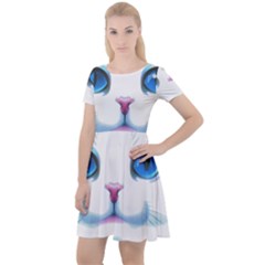 Cute White Cat Blue Eyes Face Cap Sleeve Velour Dress  by Ket1n9