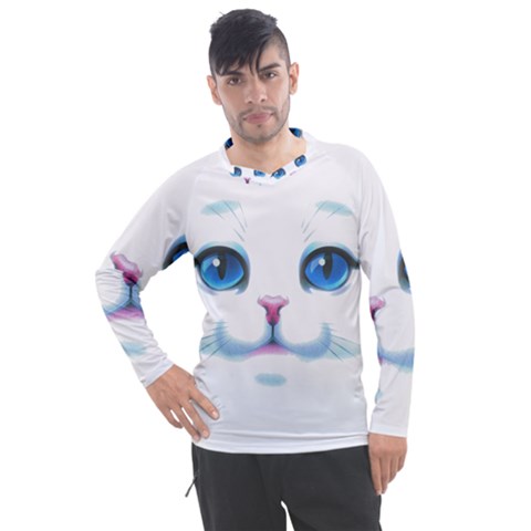 Cute White Cat Blue Eyes Face Men s Pique Long Sleeve T-shirt by Ket1n9