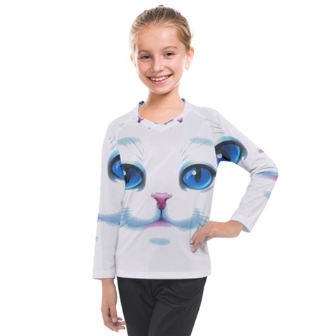 Cute White Cat Blue Eyes Face Kids  Long Mesh T-shirt by Ket1n9