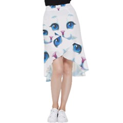 Cute White Cat Blue Eyes Face Frill Hi Low Chiffon Skirt by Ket1n9