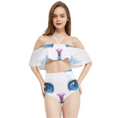 Cute White Cat Blue Eyes Face Halter Flowy Bikini Set  by Ket1n9