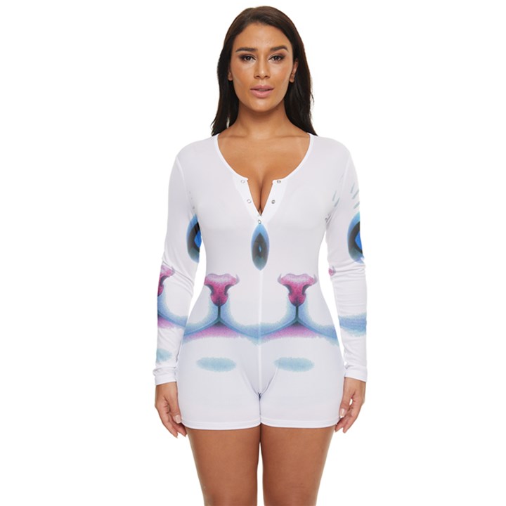 Cute White Cat Blue Eyes Face Long Sleeve Boyleg Swimsuit