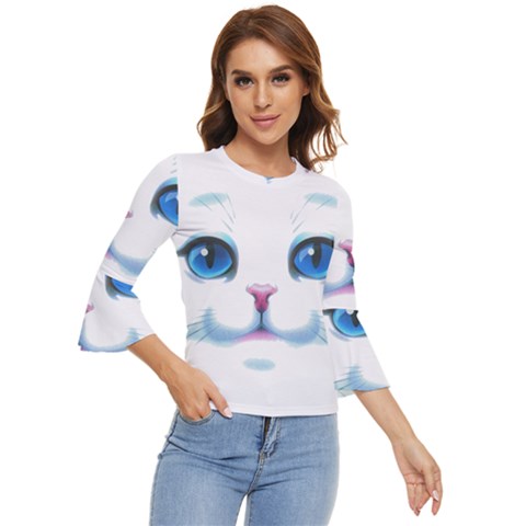 Cute White Cat Blue Eyes Face Bell Sleeve Top by Ket1n9