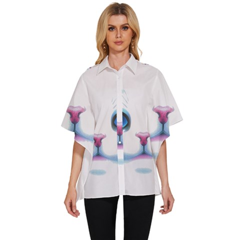 Cute White Cat Blue Eyes Face Women s Batwing Button Up Shirt by Ket1n9