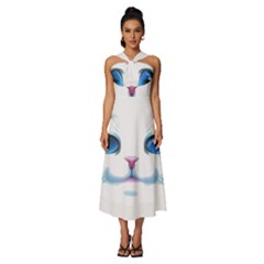 Cute White Cat Blue Eyes Face Sleeveless Cross Front Cocktail Midi Chiffon Dress by Ket1n9