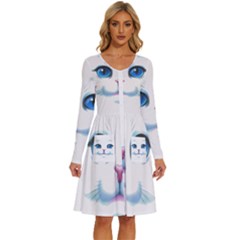 Cute White Cat Blue Eyes Face Long Sleeve Dress With Pocket by Ket1n9