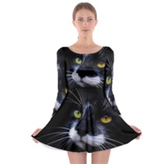 Face Black Cat Long Sleeve Skater Dress by Ket1n9