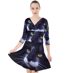 Face Black Cat Quarter Sleeve Front Wrap Dress by Ket1n9