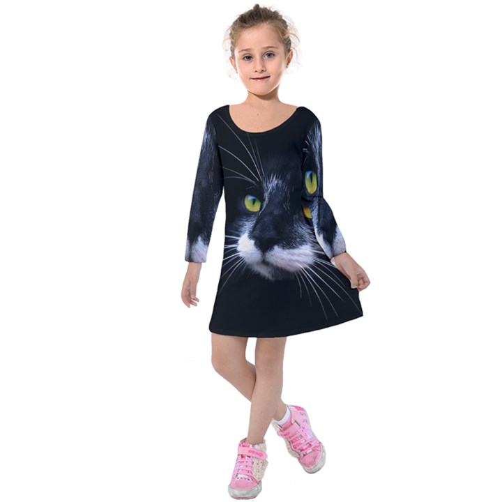 Face Black Cat Kids  Long Sleeve Velvet Dress