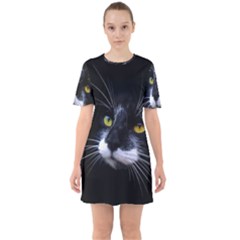 Face Black Cat Sixties Short Sleeve Mini Dress by Ket1n9