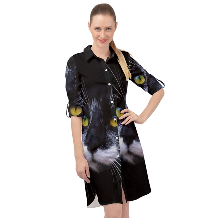 Face Black Cat Long Sleeve Mini Shirt Dress