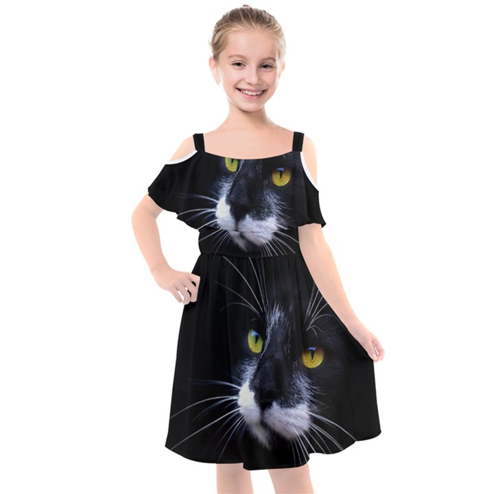 Face Black Cat Kids  Cut Out Shoulders Chiffon Dress